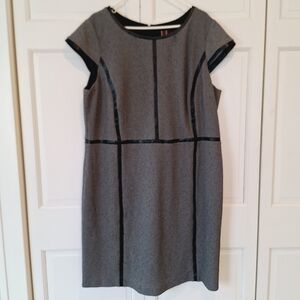 R&K gray and black tweed sheath dress with faux leather trim